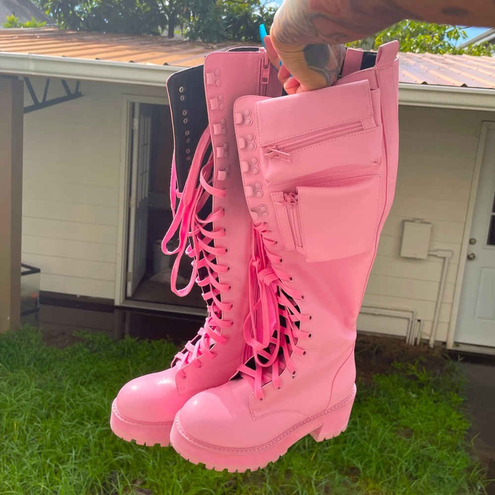 Dolls kill sugar thrillz pink knee high boots